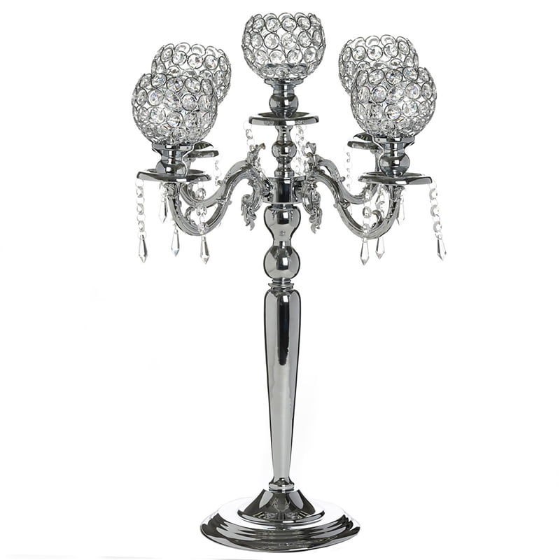 25" Tall 5 Arm Silver Crystal Beaded Globe Metal Candelabra Candle