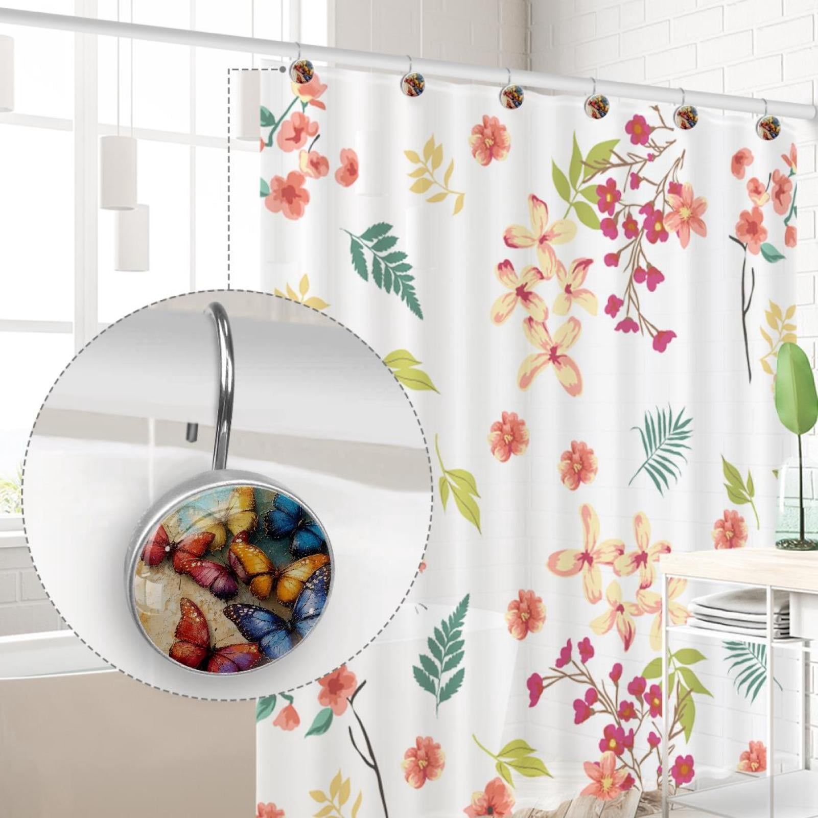 Colorful Butterflies Shower Curtain Hooks Round Crystal Glass, Set of 12 Shower Curtain Rings - Shower Hooks for Curtain Shower Rings