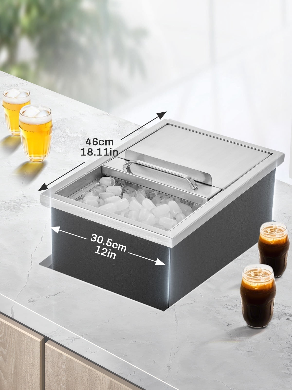 Drop in Ice Chest, 18" x 12" x 14.5",  28Qt Stainless Steel Ice Cooler with Sliding Lid