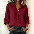 thumbnail image 2 of Women’s Collared 3/4 Sleeve Button Down Shirts Textured Loose Dolman Sleeve V Neck Casual Summer Blouse Lightweight Daily Tunic Tops Wine, 2 of 7