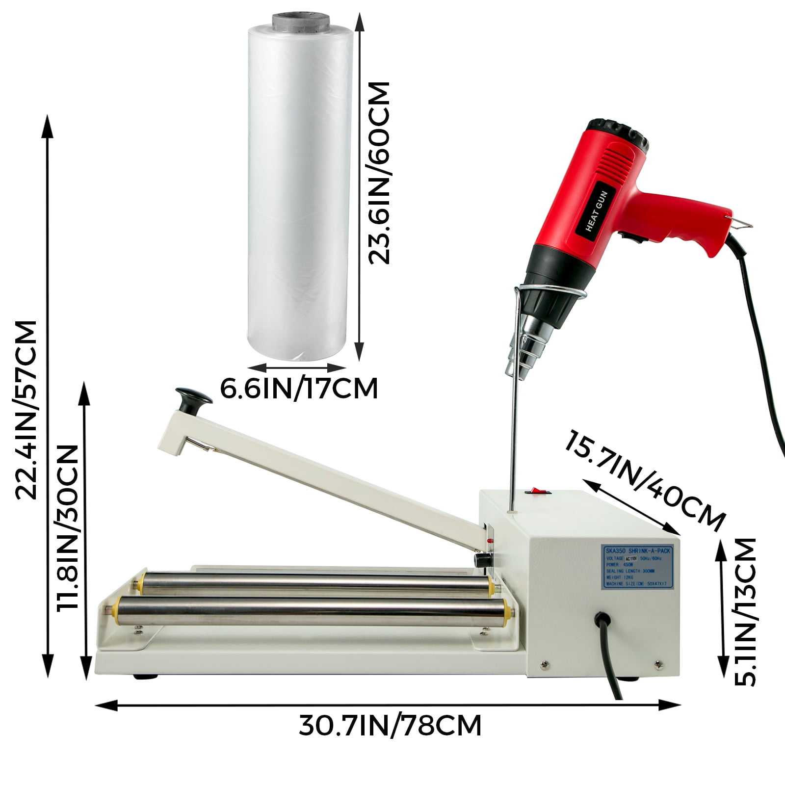 VEVOR Shrink Wrap Machine W/ Heat Gun 24"/61CM Sealing Length For Books Toys Food 800W Machine 1800W Heat Gun