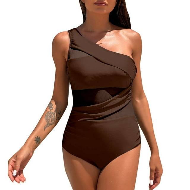 MDUKONU Women's Push Up One Piece Removable Padding Swimsuit Coffee M