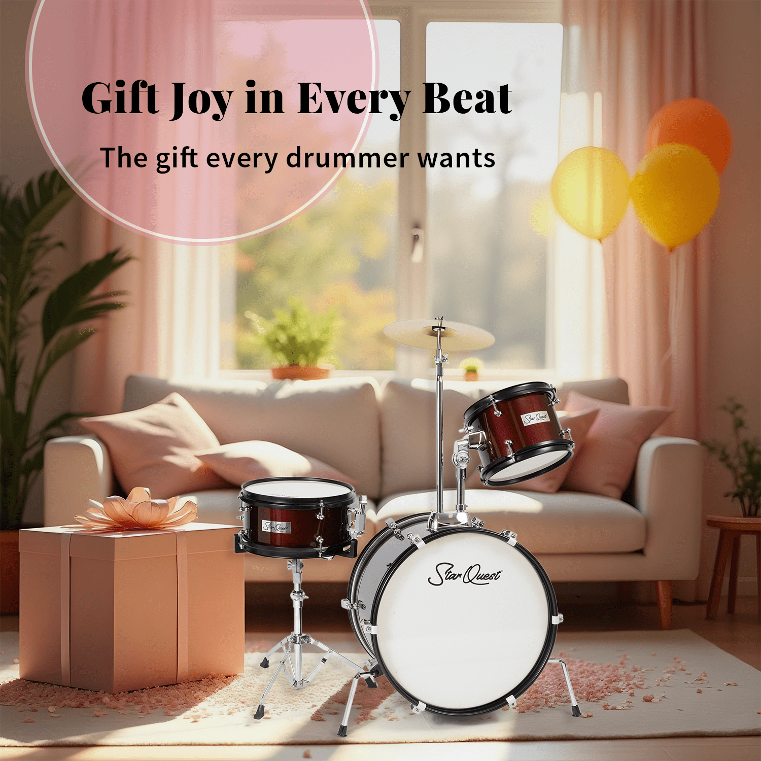 StarQuest Junior 3-Piece Drum Set – Premium Metallic Wine Red Finish with Bass, Snare, Tom and Crash Cymbal – Perfect for Junior Drummers and Beginners
