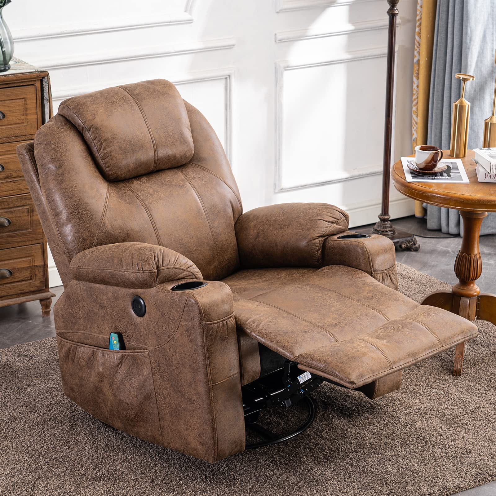 SOCIALCOMFY Manual Swivel Glider Rocker Recliner Chair with Heated Massage Ergonomic Lounge 360 Degree Swivel Sofa Seat with 2 Cup Holders, Side Pockets & USB Ports for Living Room, Brown