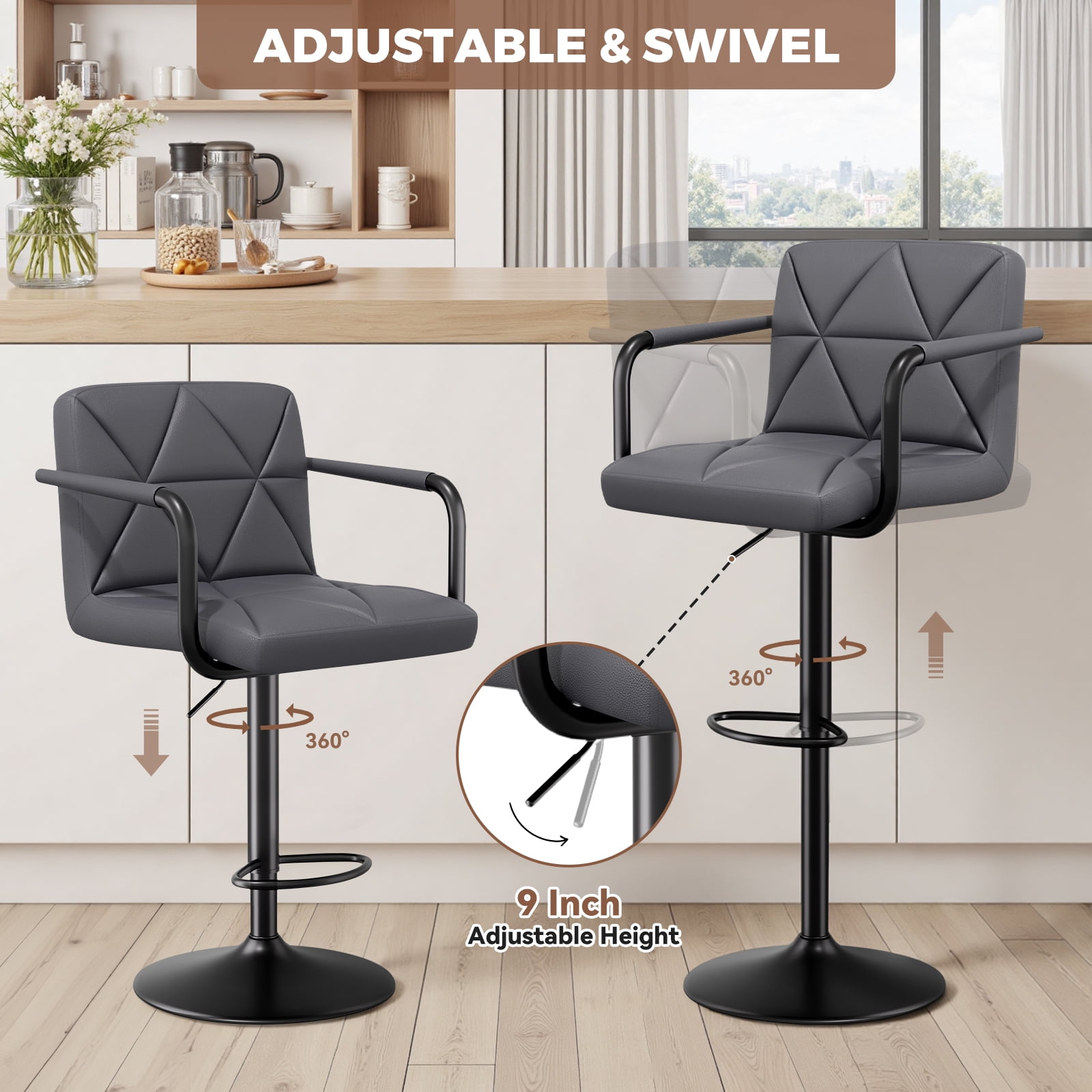 Daluvenix Bar Stools Set of 2， PU Leather Adjustable Swivel Barstools，Hydraulic Counter Height Bar Chairs with Armrest Back for Kitchen Island，Gray