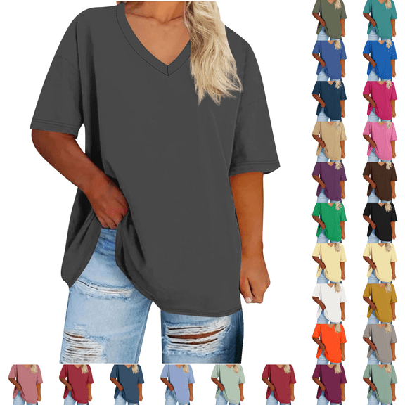 cocolona Womens Plus Size Summer Tops Oversized V-neck Short Sleeve T-shirts Casual Solid Color Blouses