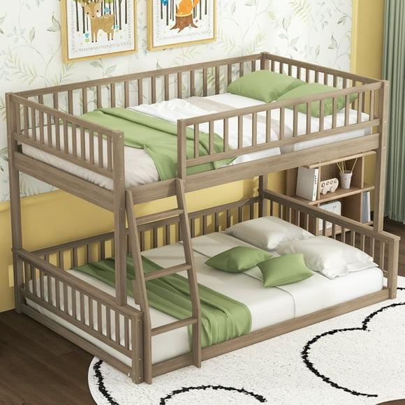 Euroco Full XL over Queen Size Bunk Bed, 2-in-1 Wood Bed, Seperate into 2 Single Beds for Kids Teens and Adults, Walnut