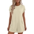 thumbnail image 1 of Lovzfmll Combinaison pour Femmes, Col Rond à Manches Courtes avec Poche, Jambe Grand, Barboteuse d'Été Décontractée Beige, G, 1 of 9