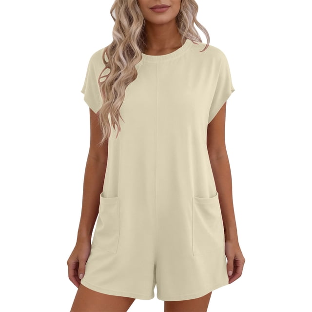 Lovzfmll Combinaison pour Femmes, Col Rond à Manches Courtes avec Poche, Jambe Grand, Barboteuse d'Été Décontractée Beige, G
