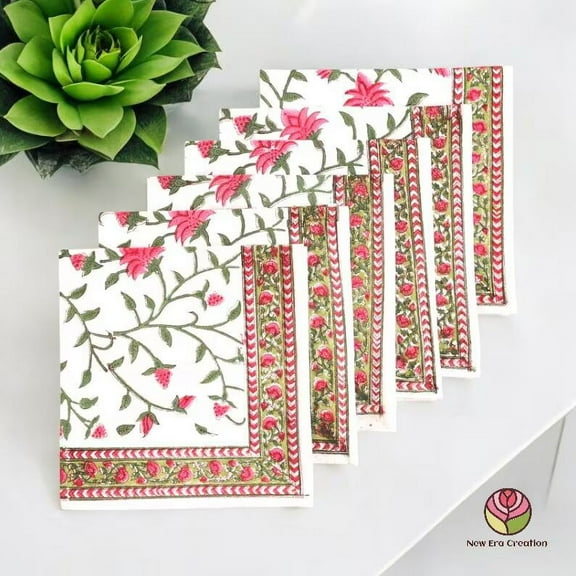 New Era Creation Red Cherry, Pink Indian Floral Hand Block Printed Cotton Cloth Napkin Size 20x20 Wedding Event Home Party,Housewarming Gift