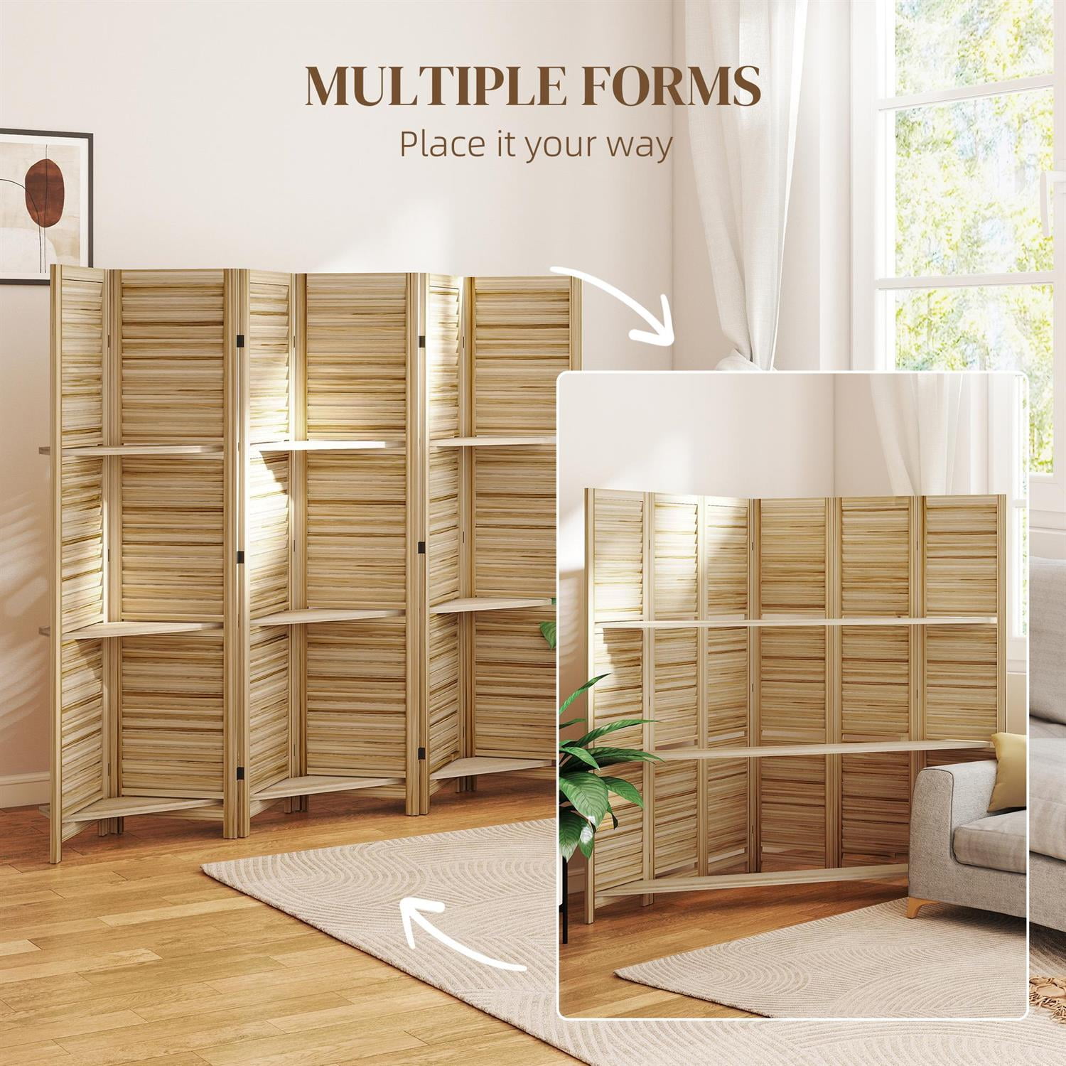 Demi Bonn 67" Tall Wood Privacy Screen Room Divider with 6 Panels, 3 Shelves, Folding Storage for Bedrooms, Beige
