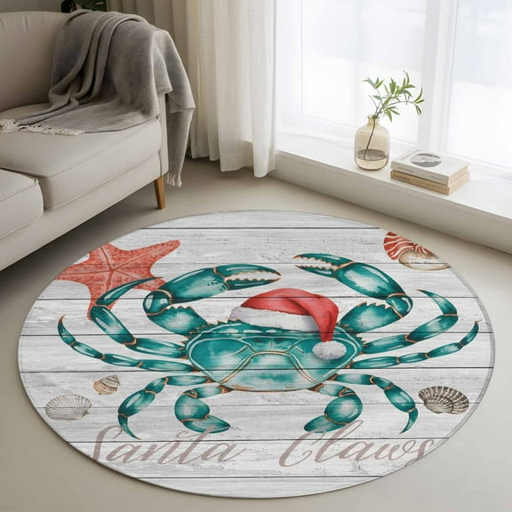 Christmas Coastal Round Rug 3ft Washable Circle Entryway Rugs Non Slip Ocean Crab Starfish Conch Wooden Grain Area Rug Indoor Floor Carpet for Bedroom Kitchen Living Room Office Dining Room Nursery