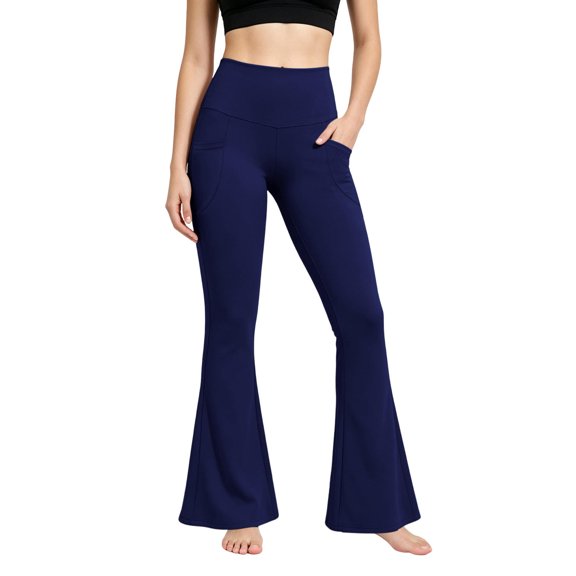Wide Leg Yoga Pants with Pockets Baeitkot High Waisted Flared Leggings, Solid Color Wide Leg Trousers for Fitness and Leisure Navy L