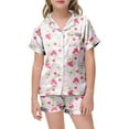 thumbnail image 4 of Girls Silk Pajamas Set Button Down Cartoon Print Short Sleeve Pjs Loose Sleepwear Set 2 Piece Summer Pajama Outfits Pink,140, 4 of 5