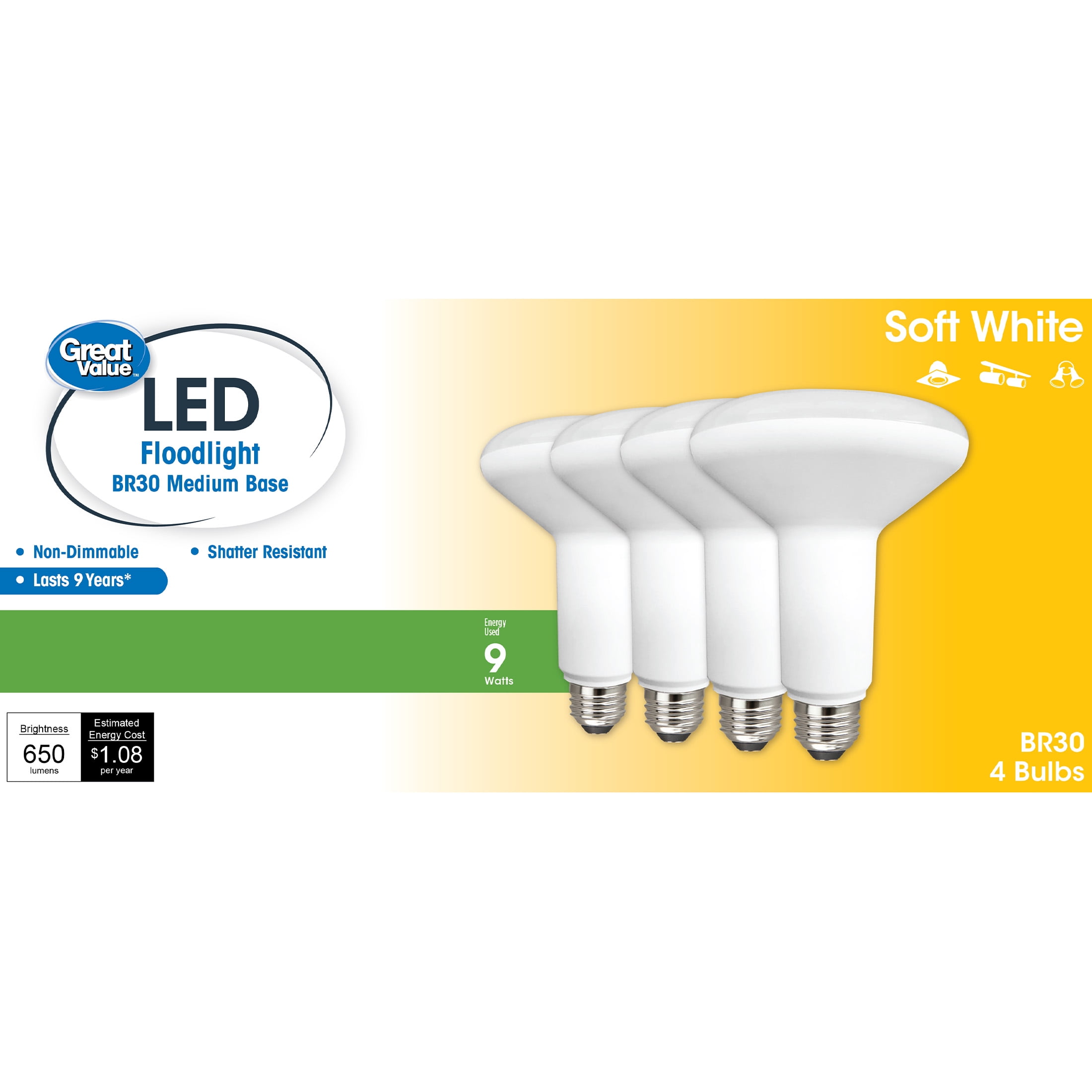 Great Value LED Light Bulb, 9W (65W Equivalent) BR30 Floodlight Lamp E26 Medium Base, Non-dimmable, Soft White, 4-Pack