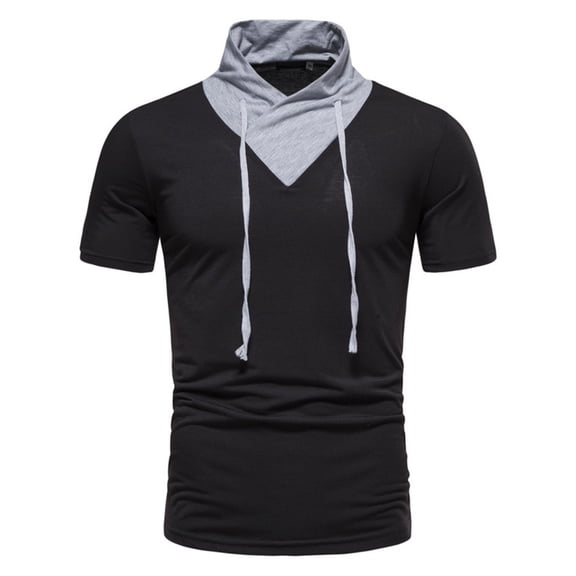 ZVNAΖH Men's Cotton Short Sleeve T-shirts Drawstring Stand Up Collar Cycling Outdoor Windproof Tops Comfy Solid Color Slim Fit Pullover