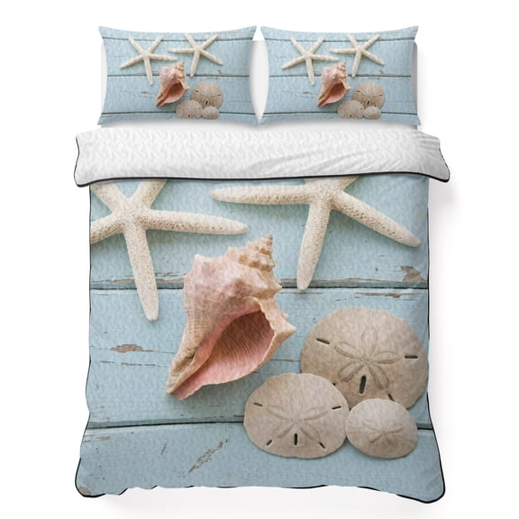 Quilts King Size Bedding Set, Coastal Starfish Lightweight Quilted Comforter, Summer Beach Conch Seashells Wooden Blue Soft Reversible Bedspread Coverlet with Pillow Covers for All Season, 96" x 106"