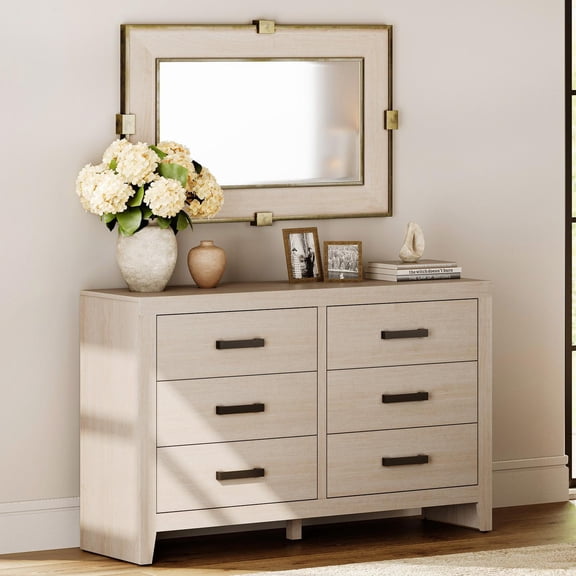 WAMPAT Farmhouse Dresser for Bedroom, 53 Inch Farmhouse Wood Storage Cabinet with 6 Drawers, Rustic Chest of Drawers for Living Room & Hallway