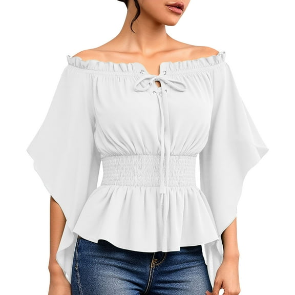 ABATAB Women Renaissance Shirts Medieval off Shoulder Long Bell Sleeve Tops Trendy Smocked Waist Drawstring Pullover Blouses(X-Large,White)