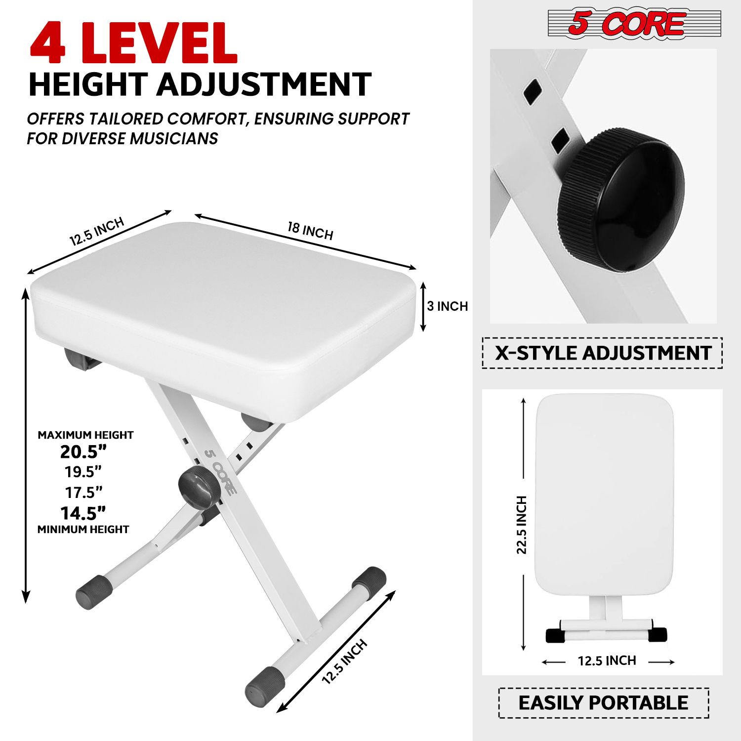 Keyboard Bench 3 Inch Padded Cushioned Piano Stool Height Adjustable Guitar Seat Heavy Duty Folding Portable Musician Chair W Nonslip Rubber Feet White - KBB WH HD