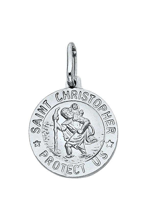 14k White Gold Religious Saint Christopher Protect Us Round Medal Disc, 15mm (18mm x 15mm)