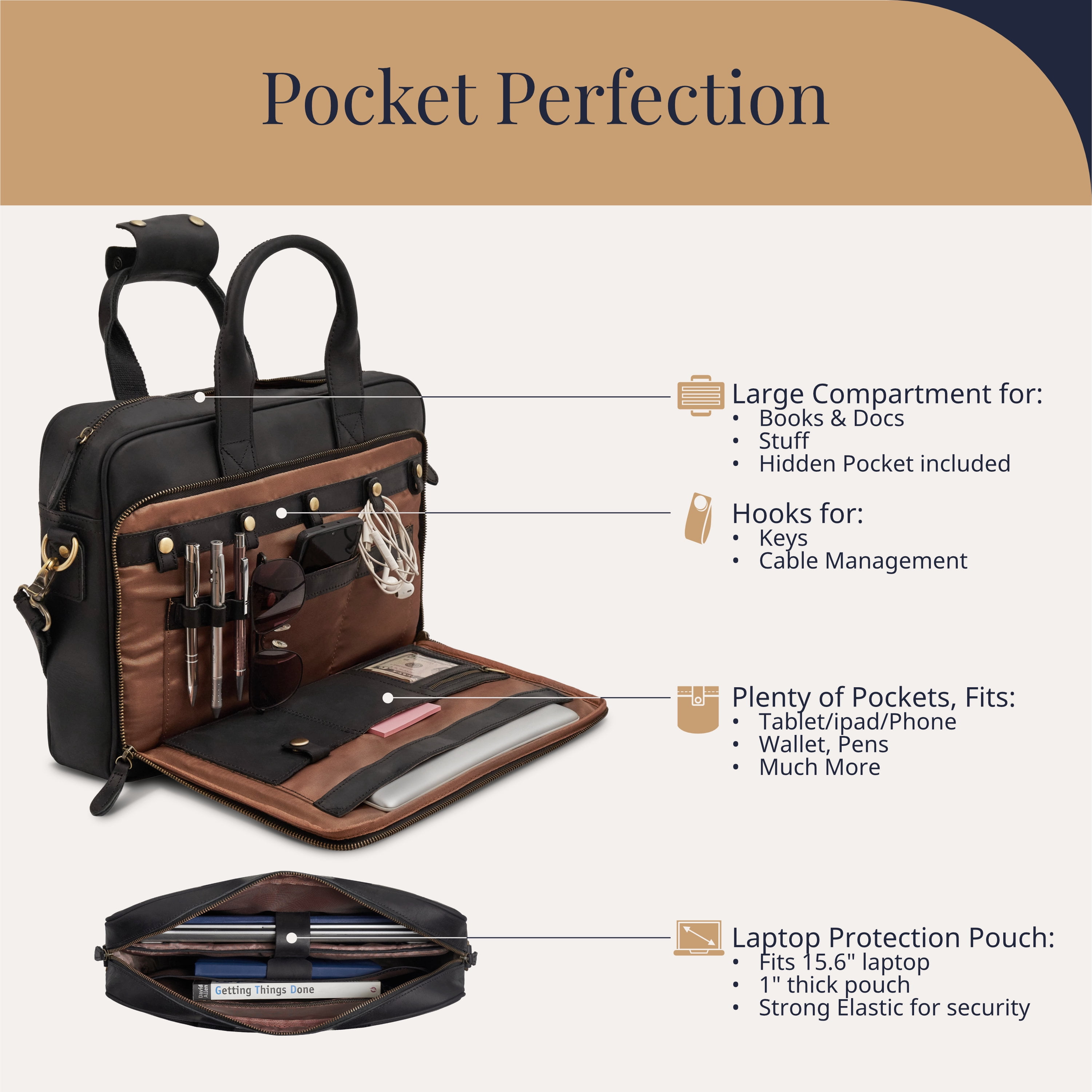 Full-Grain Leather Laptop Briefcase For Men, Leather Bag, Leather Computer Bag For Men - Black