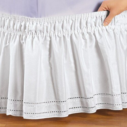 Eyelet Embroidered Trim Elastic Dust Wrap Bed RuffleWhiteQueen/King