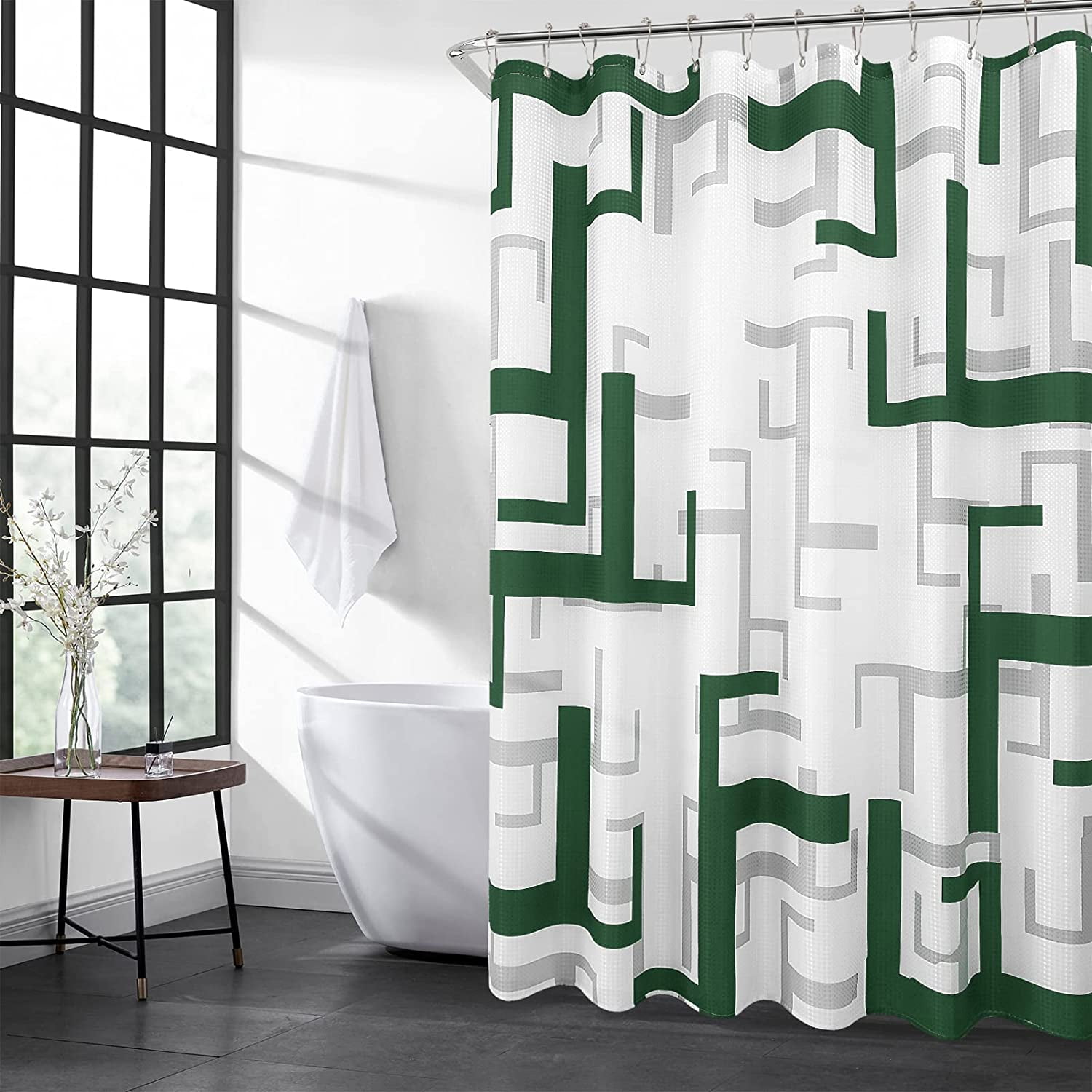 Modern Shower Curtain Set Green Shower Curtain for Bathroom Waterproof Geometric Shower Curtain with Hooks Heavy Duty Polyester Bathroom Curtain for Hotels Bathtubs,Hunter Green, 72x72 inch