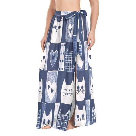 FORMRS Beach Sarong for Women Semi-Sheer Wrap Skirt Swimsuit Cover Up  Blue Cats and Hearts