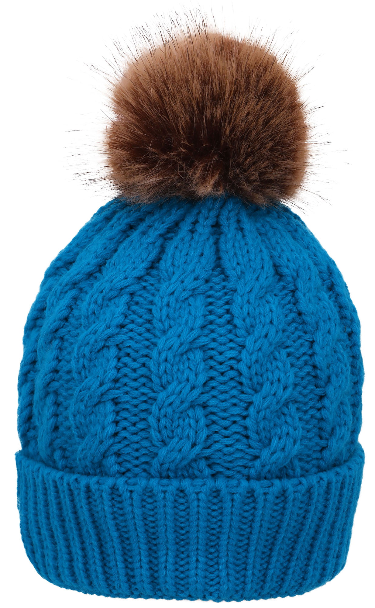 Winter Warm Knitted Faux Fur Pom Pom Beanie Hat for Women Royal Blue