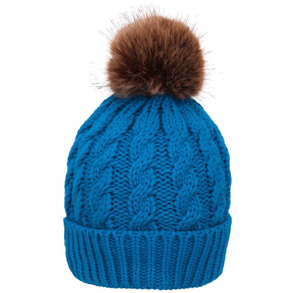 Winter Warm Knitted Faux Fur Pom Pom Beanie Hat for Women Royal Blue
