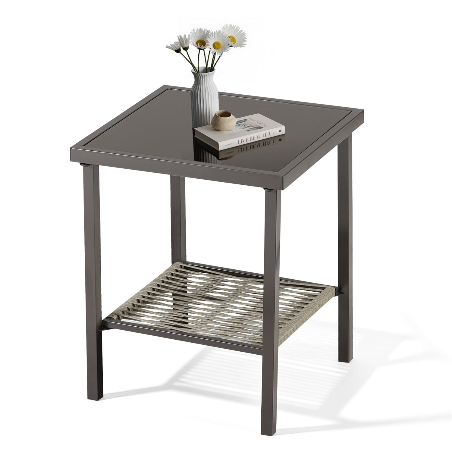 Hommoo Outdoor Wicker Side Table, Rattan Patio Table Square End Table for Pool Balcony Deck Porch Lawn Backyard, Dark Gray