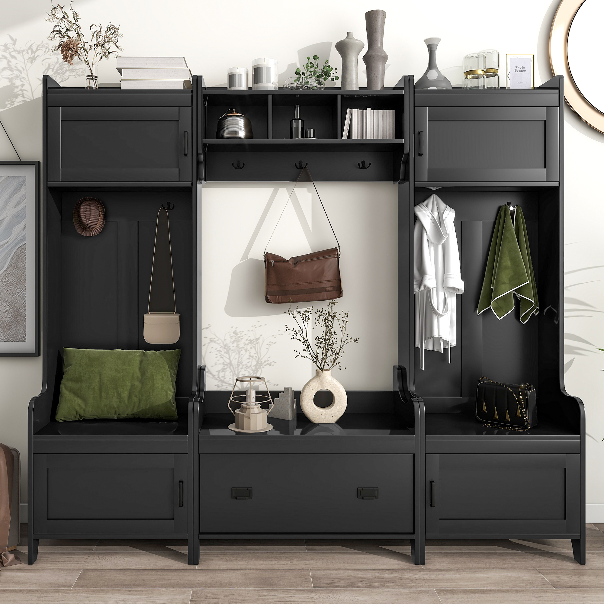 Pemberly Row Hall Tree with Storage Bench in Vintage Black