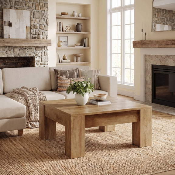 Fnova 39 Inch Square Farmhouse Coffee Table, Rustic Wooden Center Table with Sturdy Legs, Accent Cocktail Tea Table for Living Room, Home Office, Light Brown