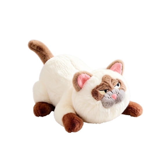 11.8in Cat Plush Toy, Fluffy Lying Siamese Kitty Stuffed Animal with Realistic Grumpy Expression Design for Home Decor and Collection Display