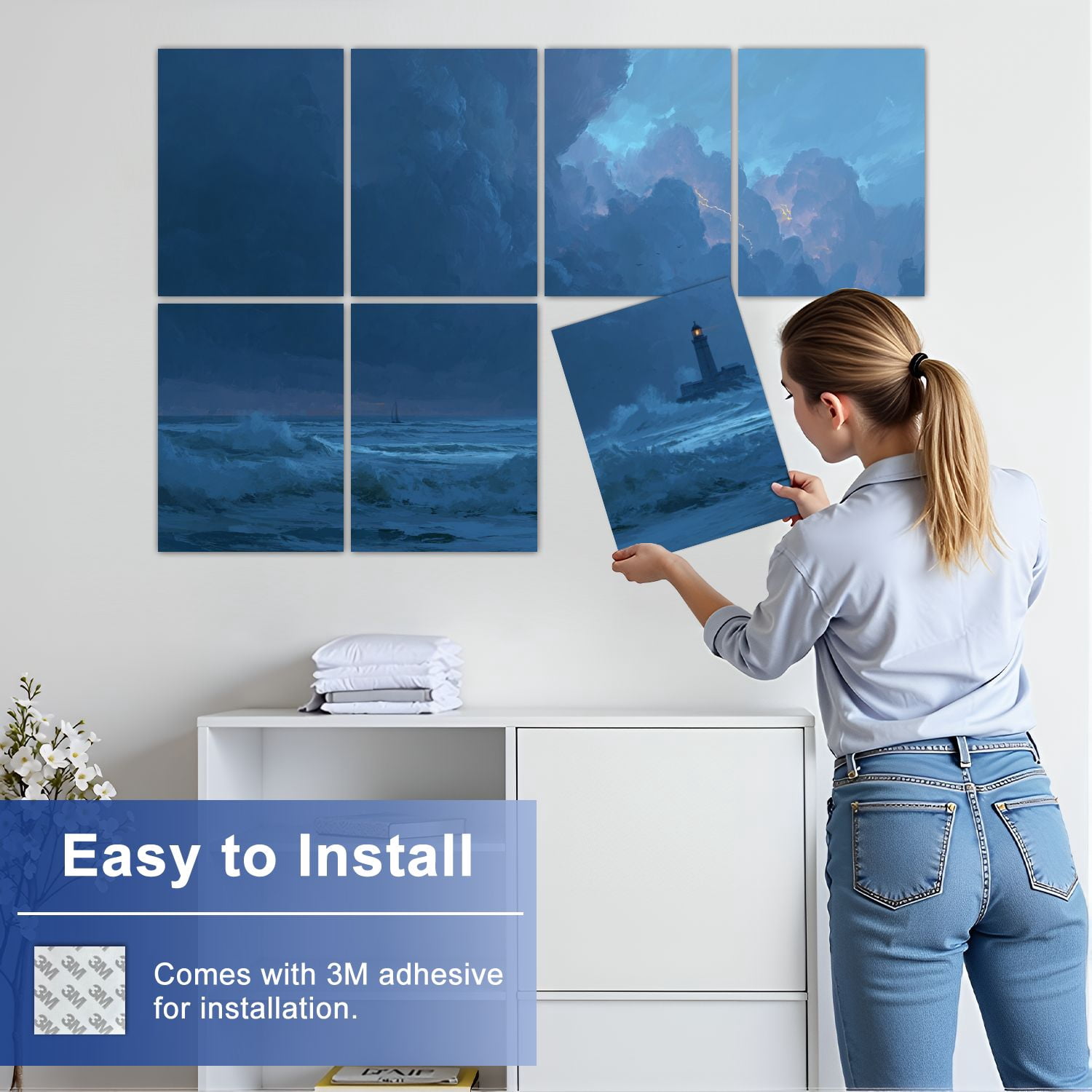 8 Pack Art Acoustic Panels Sound Absorbing Thunderous Ocean Waves Lighthouse Art Dramatic Sky Decorative Soundproof Wall Panels Self Adhesive for Nursery Game Room Bedroom 48"x32"