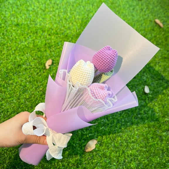 Handmade Crochet Tulip Flower Bouquet, Knitted Artificial Forever Flowers with Exquisite Wrap, Gift to Girlfriend Mother Women, for Mother's Day, Valentines, Home Decor, Celebration-Purple