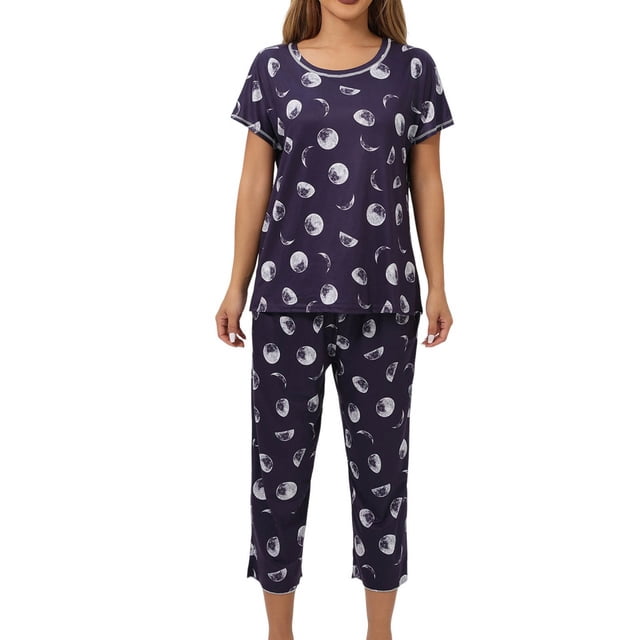 Jamicy Pyjama pour Femmes Haut à Manches Courtes Imprimé avec Cordon de Serrage Capris Ensemble de Pyjama pour Dames Confortable Col Rond Tenue de Détente