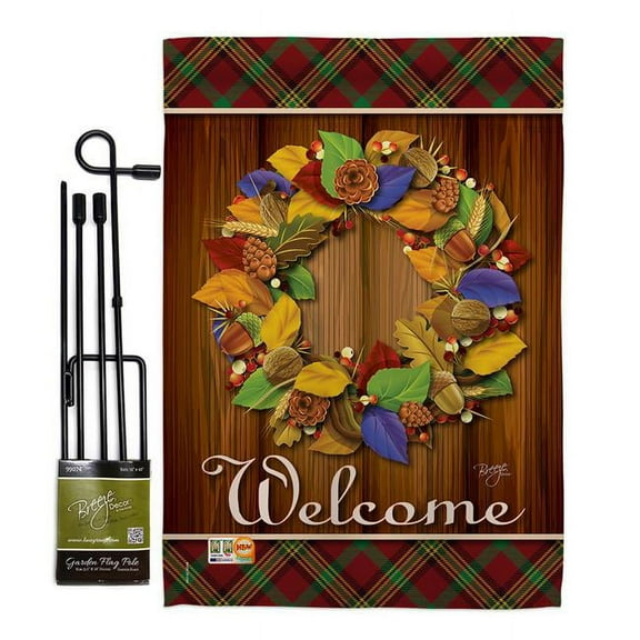 Breeze Decor BD-TG-GS-113036-IP-BO-D-IM09-BD 13 x 18.5 in. Fall Wreath Thanksgiving Vertical Double Sided Mini Garden Flag Set with Banner Pole