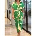 thumbnail image 2 of Women Button Down Ruched Shirt Dress Short Sleeve Lapel V Neck Elegant Party Maxi Floral Dress with Belt Green L, 2 of 5