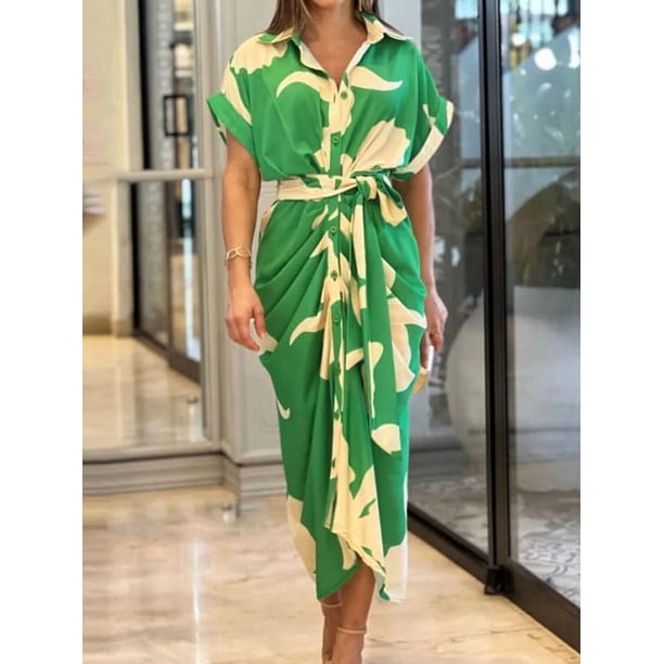green ruched shirt dress Women Button Down Short Sleeve Lapel V Neck Elegant Party Maxi Floral Dress with Belt XXL Dillard's Price Match MD