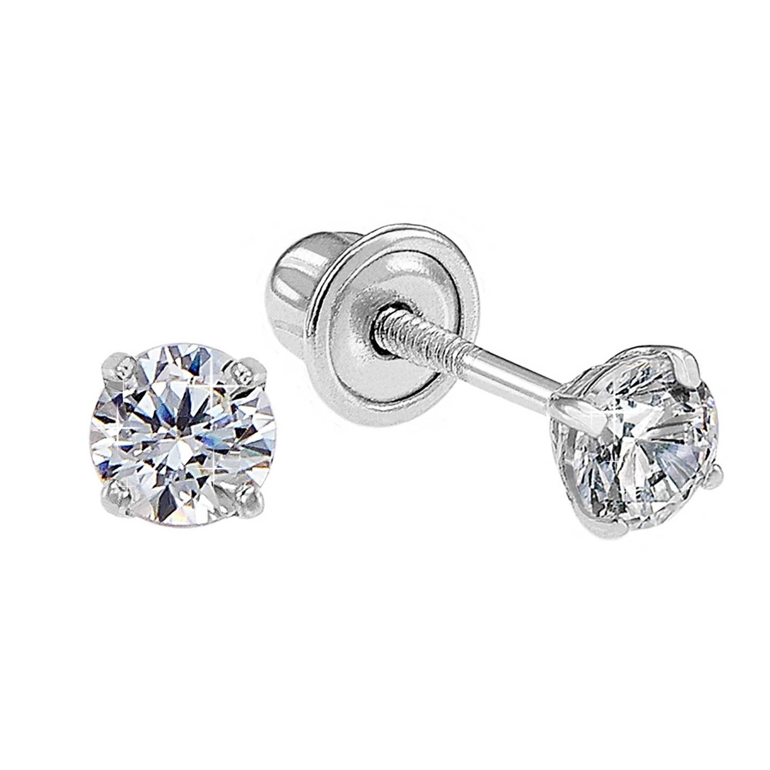 14k White Gold 4mm Round Solitaire Basket Set Stud Earrings with Screw Back 12 Different Color Available