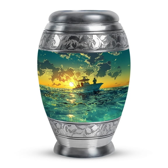 KARYLIZ Fishing Urn - Large Urns for Human Ashes Adult Male & Female - Sunset Green Large Memorial Cremation Urns for Adult Human Ashes - Decorative Funeral Urns For Human Ashes Adult Man