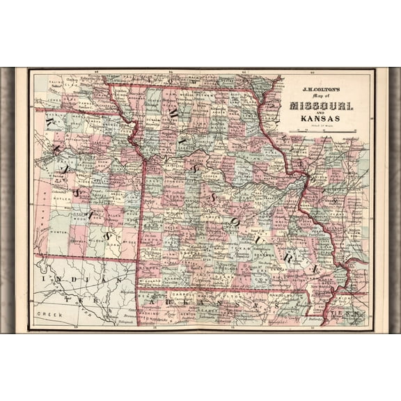 24"x36" Gallery Poster, map of Missouri and Kansas 1863