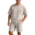 thumbnail image 3 of Mens Track Suits 2 Piece Set Short Sleeve Crew Neck Summer T Shirt And Drawstring Casual Track Shorts Sportswear Sets T Shirts Shorts Sets Fashion Retro Textured Sweatsuit Beige L, 3 of 9