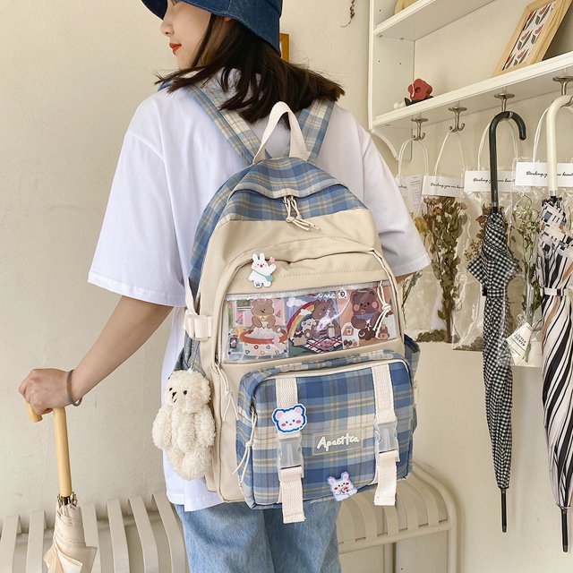 Mochila de retazos de lona para mujer Mochila grande para estudiantes de estilo preppy (azul) Tmvgtek Para estrenar