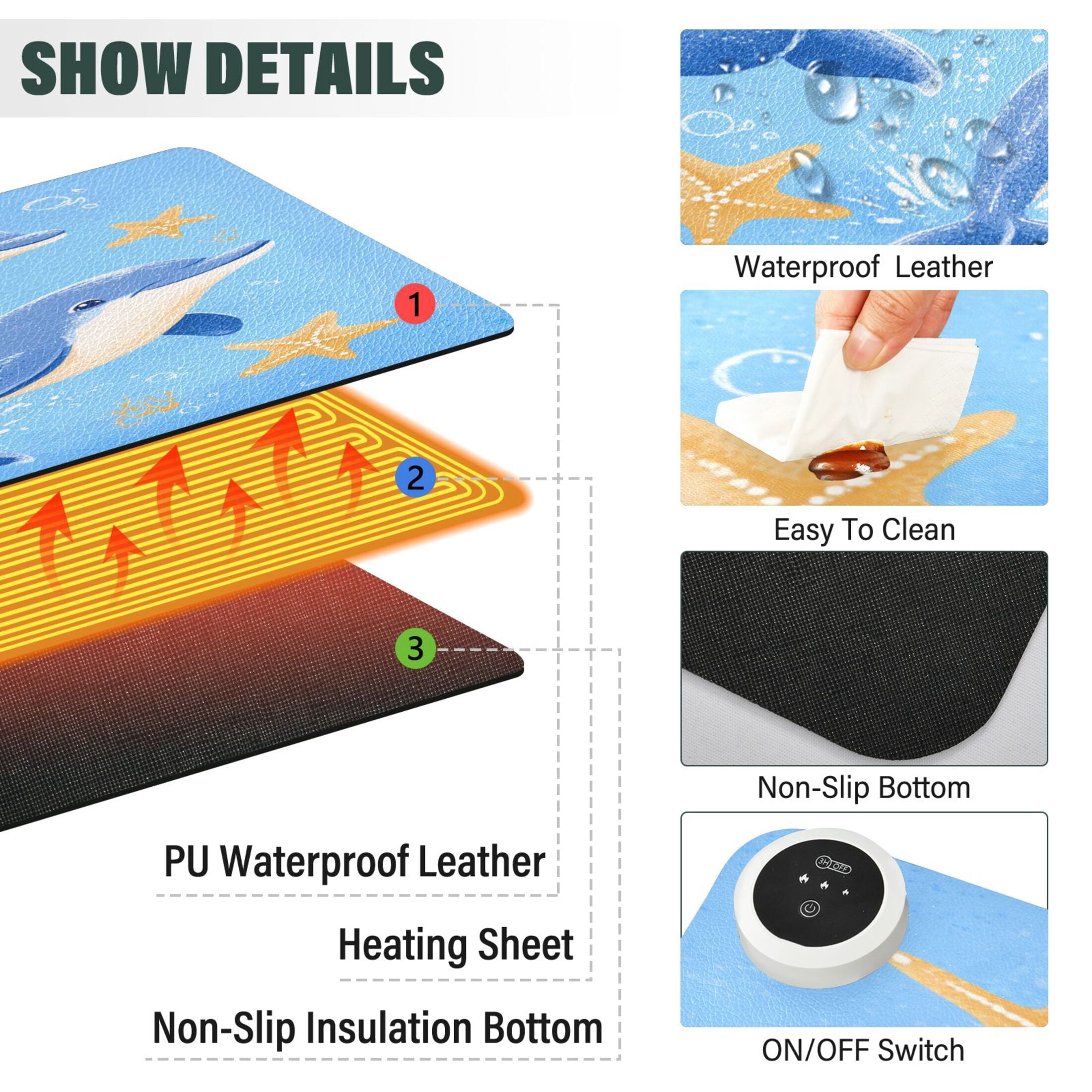 Large Heated Desk Mat Mouse Pad 31.5"x13"PU Leather Graphene Heating Desk Warmer with 3 Temperature Settings 110V US Plug Non-Slip Warm Pad for Home, Office, and Gaming Two Dolphins Jumping Pattern