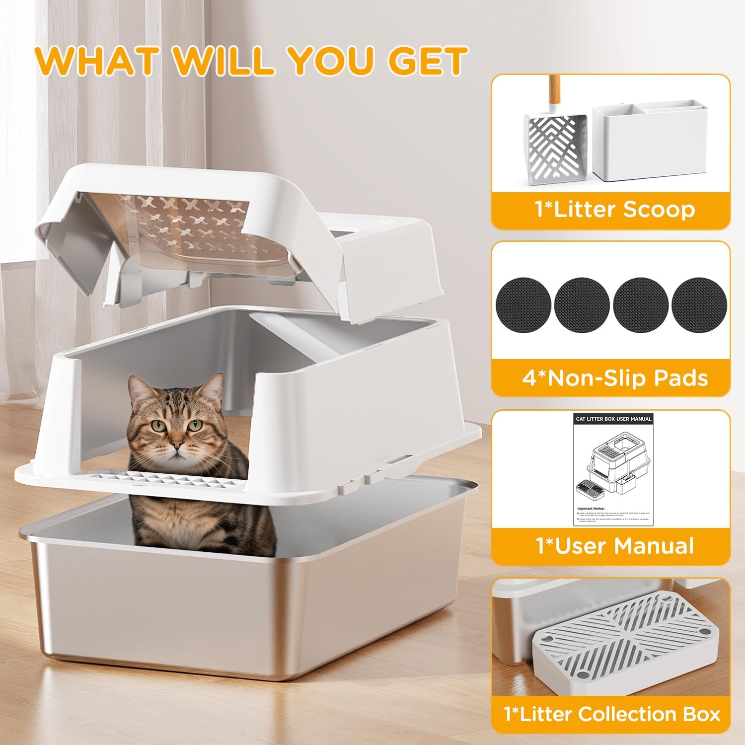 Stainless Steel Litter Box with Lid, XL Closed Metal Litter Box Modular Design with Flip Lid Fits All Cats, Extra Large Covered High Sided Cat Box, Scoop, Non-Sticky, Easy Cleaning (White)