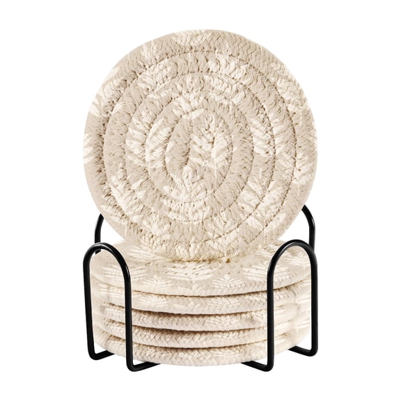 Haosy Set of 6 Drink Woven Coaster with Holder Heat Resistant Non-Slip Bar Coasters 4 Inches White Bohemian Leaves