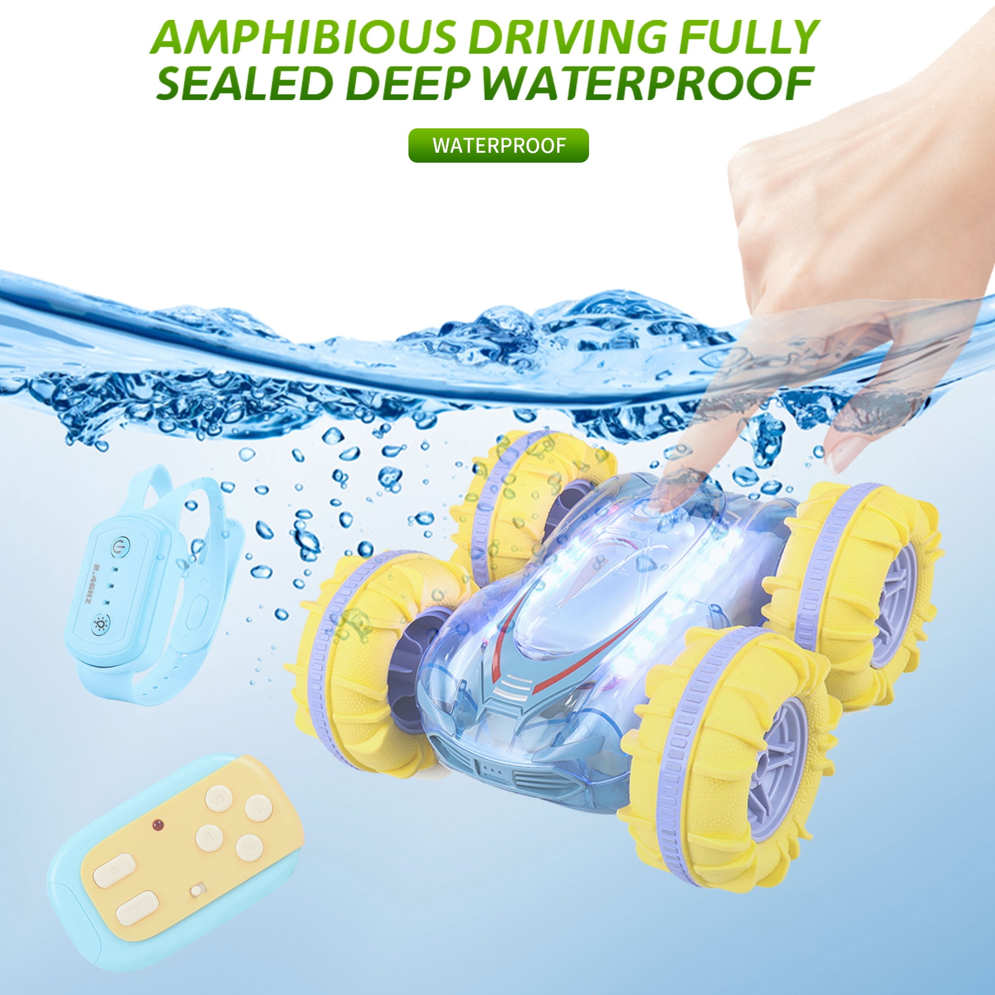 Yexmas Amphibious 4WD RC Stunt Car with LED Lights, 360° Flip, All-Terrain Monster Truck, Water Beach Pool Toys for Boys Girls